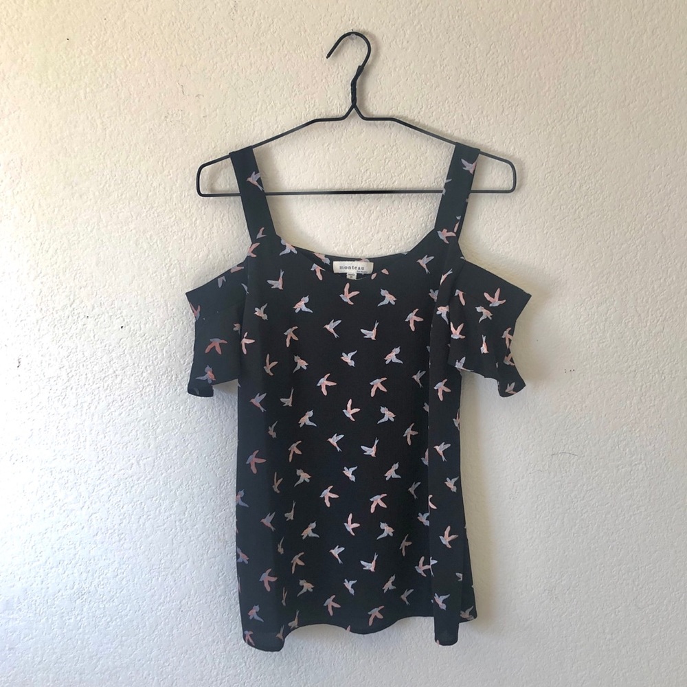 Navy Strap & Off- the-Shoulder Top w/ Bird Pattern